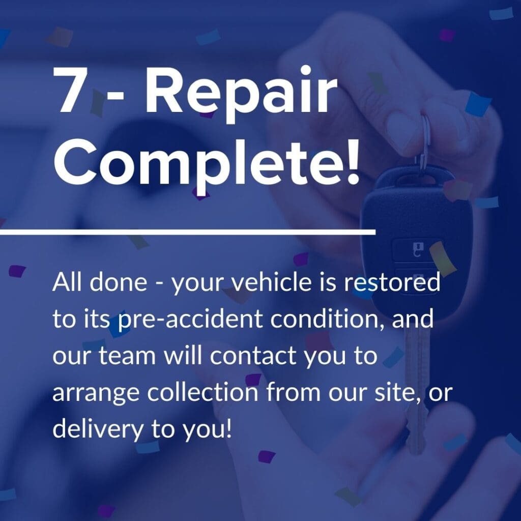 
Now your vehicle is fully repaired, we’ll contact you to arrange delivery or collection.

We’ll make sure you have the opportunity to check the repair so we know you’re happy before we hand the vehicle back. We'll also clean your car inside and out for a good-as-new finish.